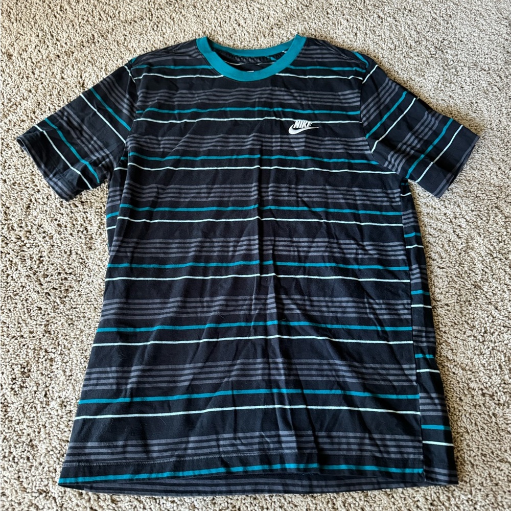 Nike Men's Black and Teal Striped Tee
